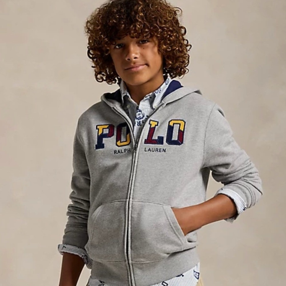 Polo Ralph Lauren Fleece Hoodie Boy's L (14-16) Gray Logo Long Sleeve Full-Zip